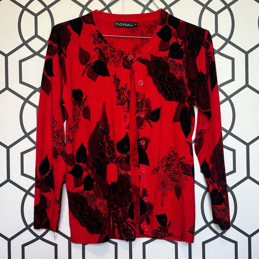 T.C Fashion Red Floral Button-Up Cardigan Sweater Size M